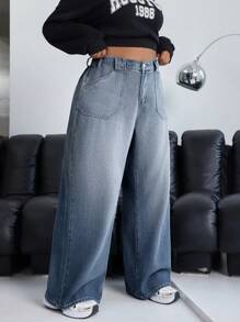 SHEIN EZwear Jeans de pierna ancha con lavado degradado de talla grande, informal - Gris Claro - Ver 5