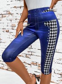 SHEIN Clasi Women's Denim Effect Houndstooth Print Leggings Boho - Multicolor - View 7