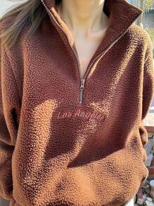 女士休闲焕新翻领半拉链长袖泰迪卫衣，秋冬套头衫 - 咖啡棕 - 查看 3