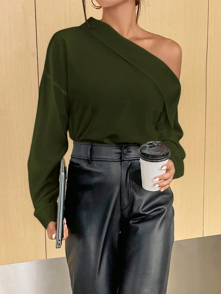 SHEIN Privé Áo sơ mi nữ tay dài lệch vai màu trơn, mặc hàng ngày - xanh quân đội - Xem 1