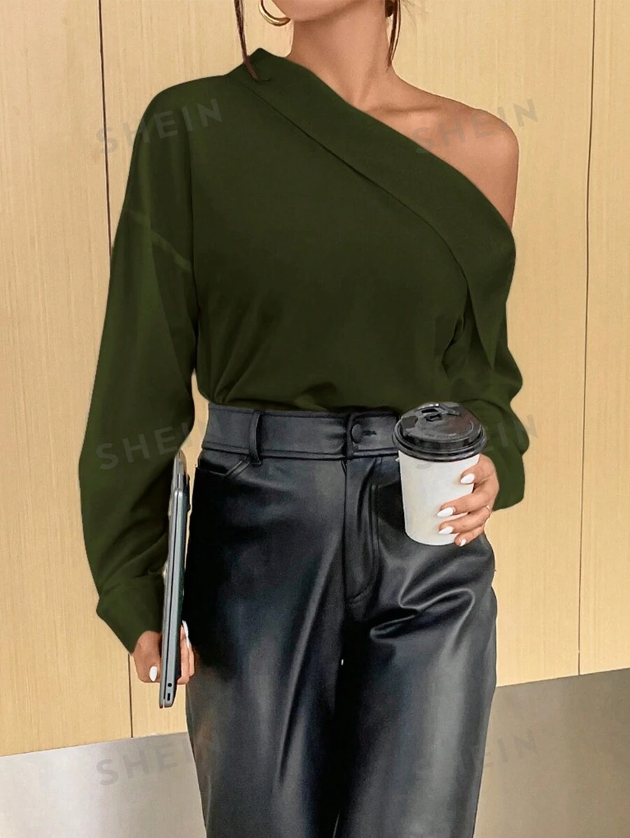 SHEIN Privé Camisa casual de manga larga con hombros oblicuos de unicolor, para uso diario