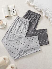 大码女式两件套睡衣：针织蝴蝶结印花长款舒适睡裤，适合所有季节，秋冬季服装 - 彩色 - 查看 5