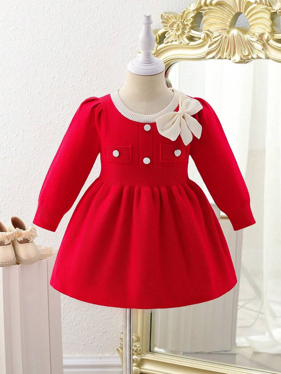 SHEIN Baby Girl Sweet Retro Bow Knit Dress, Casual Commute Korean Style Girl's Stylish Princess Sweater Dress, Suitable For Daily Wear, Traveling, Autumn/Winter - Red - View 1