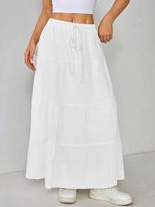 SHEIN PETITE Women Solid Color High Waist Tie Ruffled Hem Maxi Skirt - White - View 3