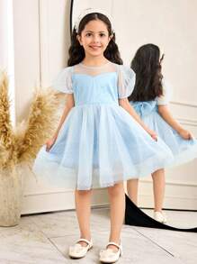 SHEIN Vestido de niña elegante con mangas abombadas de malla con estampado a lunares, diseño de gran lazo calado y empalmes de malla, color azul