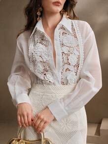 Anewsta Áo sơ mi nữ dài tay cổ khoét rỗng, màu trơn, thanh lịch, lãng mạn, viền ren hoa, thích hợp cho mùa xuân và mùa hè. - trắng - Xem 4