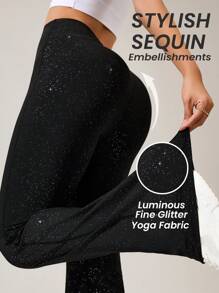 Easithlete Women's Shiny Flared High Waist Tight Fitting Yoga Pants - Black - View 1