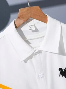 SHEIN 2pcs/Set Tween Boy Casual Collegiate Comfortable & Stylish Simple & Practical Soft Turndown Collar Striped Short Sleeve Shirt And Elastic Waist Shorts Set, Suitable For Autumn, Spring, Summer, Suitable For Daily Wear, Outdoor Play, School, Street Photography, Party, And Leisure At Home - Multicolor - View 5