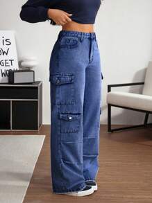 SHEIN Tall Women's Simple Front Button Pocket Jeans, Casual Everyday Wear