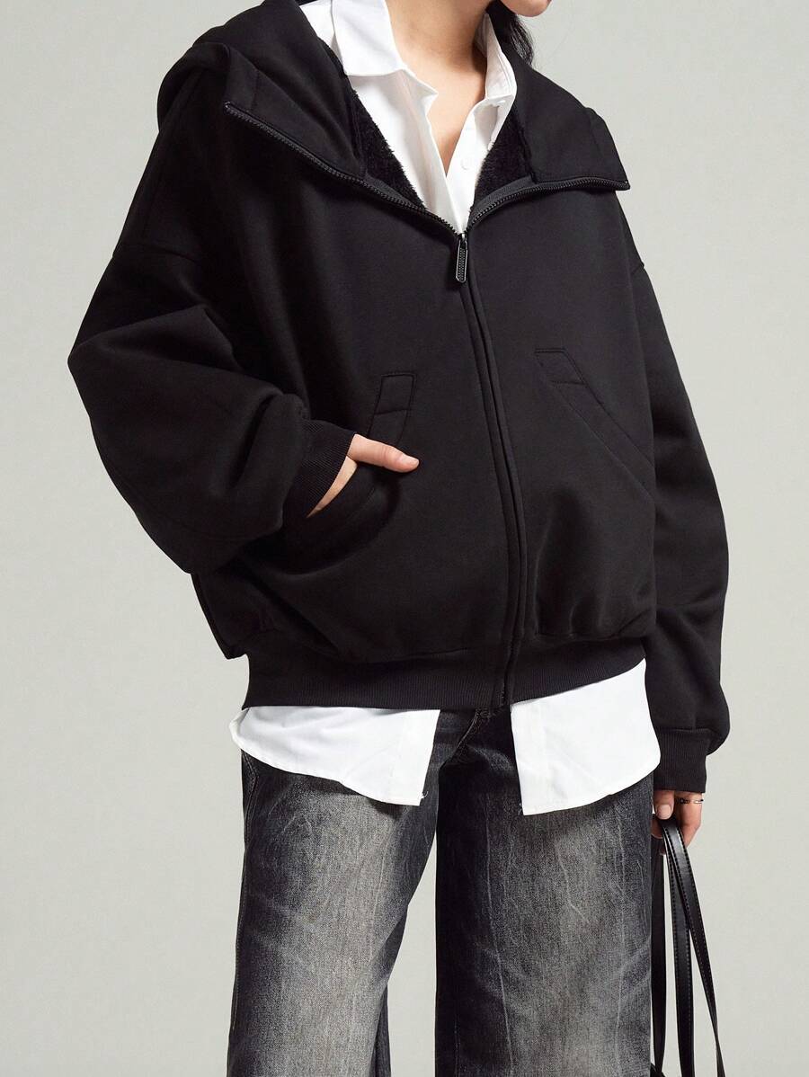 LYSMO Casual Solid Color Thermal Lined Hoodie, Autumn/Winter - Black - View 1