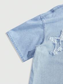 ROMWE MEN Street Life Men's Casual Washed Denim Top With Star Applique And Frayed Edge - Bronze - View 4