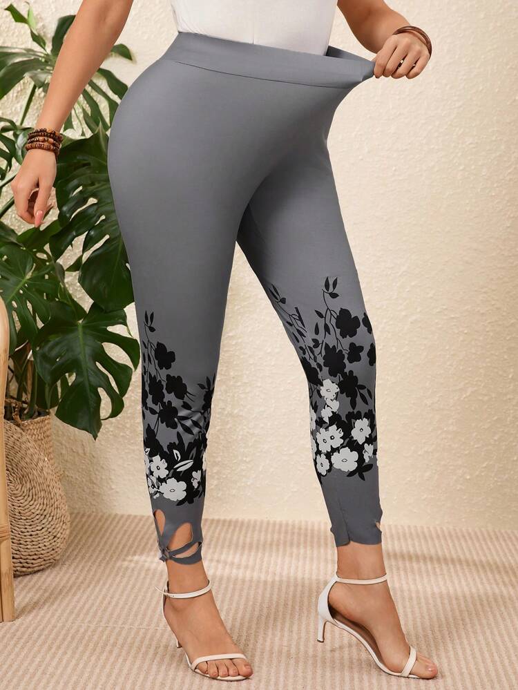 Plus Size Women's Grey Printed Leggings, Minimalist & Fashionable For Casual Daily Wear,Vacation Woman Plus Size, Tight-Fitting Pants,Vacation Woman,Suitable For Summer,Concert Women,Casual Everyday Wear.