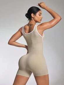 SHEIN Sovereign Charm Bộ đồ liền thân dây mảnh cho nữ có hiệu ứng nâng mông màu đào, đồ thể thao hở lưng, đồ tập Pilates cho yoga trên không, thiết kế mới - Màu Khaki - Xem 2