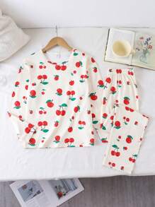 Tween Girl Round Neck All-Over Print Long Sleeve Top And Pants Pajama Set - Yellow - View 1