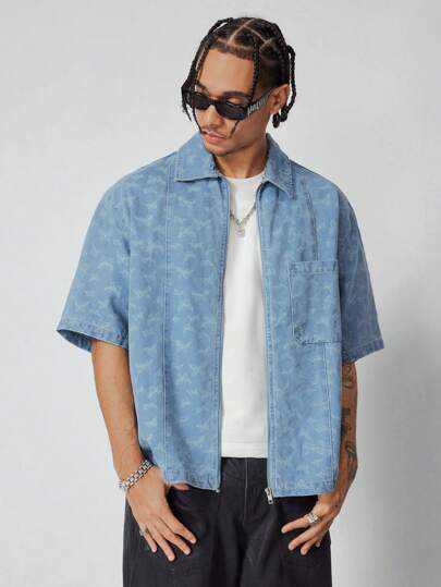 Street Life Men's Butterfly Print Short Sleeve Zip-Up Casual Denim Jacket