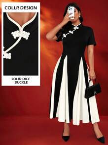 Celure Plus Size Qipao Style Mock Neck Slit Hem Short Sleeve Button Down Flare Dress, For Valentine's Day, Chinese New Year, Holidays