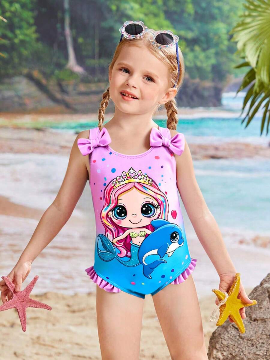 Young Girls One-Pieces SwimsuitCute Purple Blue Gradient Cartoon Mermaid Digital Print Sleeveless Briefs Swimsuit With Bow Perfect For Summer Trip To The Beach & Pool - Multicolor - View 1