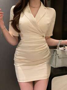 DAZY 纯色褶饰领女式短裙优雅太阳裙