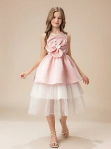 Tween Girl 优雅奢华粉色圆领花卉分层薄纱派对礼服，适合庆典、派对、节日、婚礼、花童、生日舞会等正式场合 - 粉色 - 查看 6