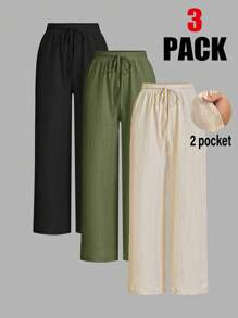 Auralis 大码女装秋季新款时尚百搭休闲通勤商务工作高性价比多件装3件套松紧腰带口袋绿色、黑色、杏色腿裤长裤女式慢跑裤 - 軍綠色 - 查看 1