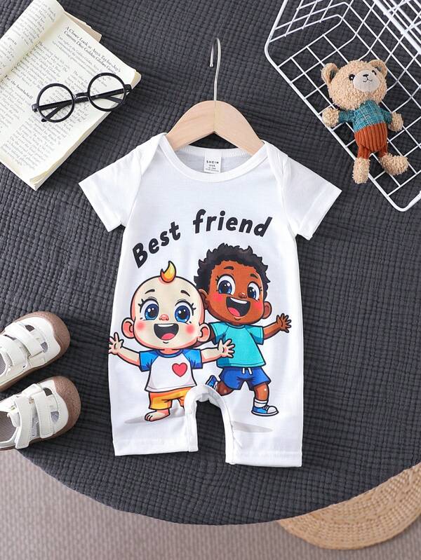 Newborn Baby Boy Short Sleeve Romper With Envelope Collar, Cartoon Boy & Friend Letter Print Design, Soft Comfortable Fabric, Suitable For Indoor & Outdoor Wear In Hot Summer, Unisex 0-9M