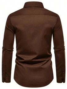 Calvornis Men's Solid Color Single-Breasted Pocket Casual Long Sleeve Shirt, Dark Brown Shirt, Rust Color Men's Shirt, Fall - Coffee Brown - View 2