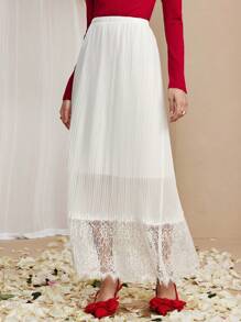 Chiquease 女士纯色撞色蕾丝松紧腰半身裙，优雅