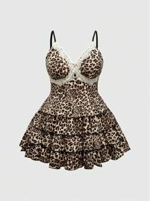 ROMWE Plus Size Leopard Patchwork Lace Ruffle Layered Camisole Dress - Multicolor - View 1