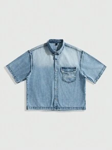 ROMWE MEN Street Life 男式宽松印花牛仔上衣、牛仔短袖衬衫 - 彩色 - 查看 2