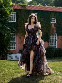 SHEIN MOD Women Organza Floral Print Layers Ruffled Maxi Dress,Valentine's Day,Boho Dress Women,Party Women Outfits,Summer Dress,Maxi Dress,Wedding Guest Dress Women,Birthday Dresses