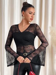 SHEIN Clasi Elegant Sexy Sheer Lace Bell Sleeve Hollow Out Blouse For Women,New Year Eve Dress