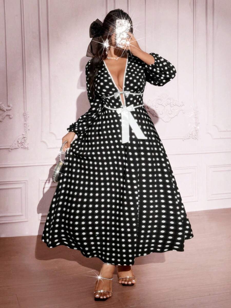 SHEIN Unity 大码黑白圆点蝴蝶结装饰 V 领连衣裙 - 黑色 - 查看 1