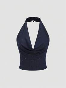 Sweetra Kvinnor Enkel Slim Sequin Halter Neck Linne Casual Vacation Wear - Marinblå - Visa 6