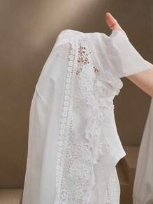 Anewsta Áo sơ mi nữ dài tay cổ khoét rỗng, màu trơn, thanh lịch, lãng mạn, viền ren hoa, thích hợp cho mùa xuân và mùa hè. - trắng - Xem 7