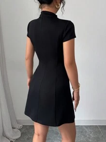 Elenzga Vintage Style Cocktail Mini Dress, Puff Sleeve Waist Gathered Design, Slim Fit, Gold Zipper Detail Faux Pockets, Unique Princess Dress - Black - View 2