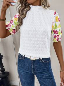 SHEIN Clasi Women Casual Commute Frill Collar Floral Print Short Puff Sleeve T-Shirt - White - View 5