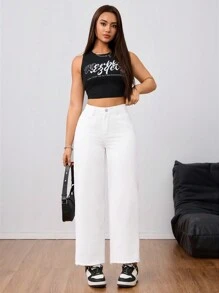 SHEIN Tall Women's Simple Solid Color Casual Everyday Denim Jeans - White - View 4