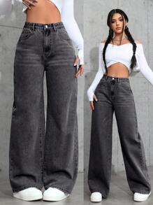 Jeans délavé taille haute coupe large