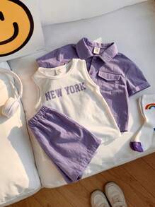 3pcs/Set Young Boy Solid Color Collar Short Sleeve Shirt, Letter Print Knit Soft Round Neck Tank Top And Elastic Waist Shorts - Purple - View 4
