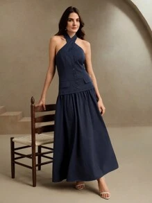 Anewsta Robe longue 2 en 1 avec encolure croisée en V et taille cintrée pour femme, tenue de travail printemps