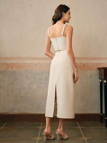 Anewsta Elegant Urban 2 Pieces Set: High-End Burn-Cut Hollow Embroidery Spaghetti Strap Bustier Top & Long Skirt
