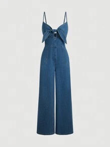 SHEIN MOD Combinaison en jean vintage avec laçage et effet ajouré pour femmes - Bleu azur - Voir 1