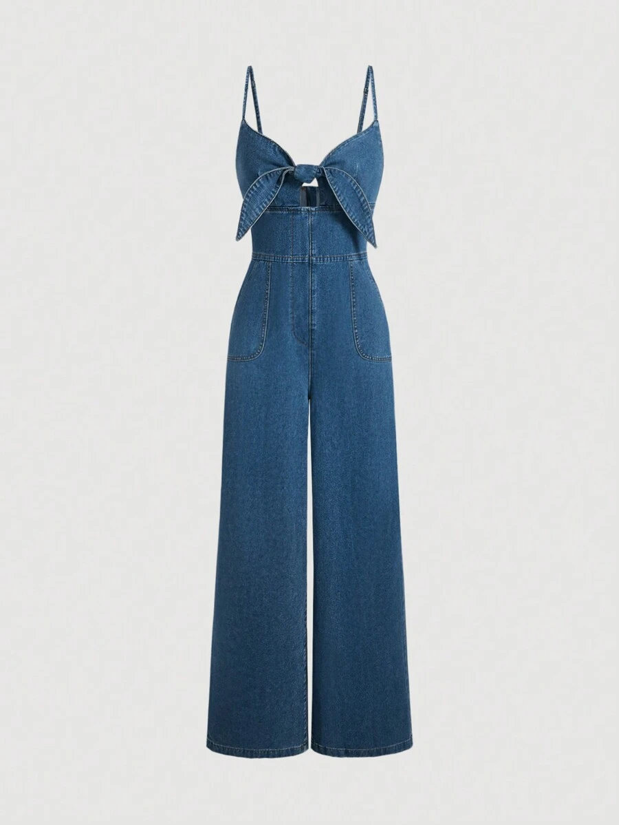 SHEIN MOD Combinaison en jean vintage avec laçage et effet ajouré pour femmes - Bleu azur - Voir 1