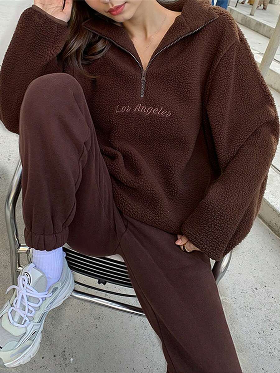 女士休闲焕新翻领半拉链长袖泰迪卫衣，秋冬套头衫 - 咖啡棕 - 查看 1