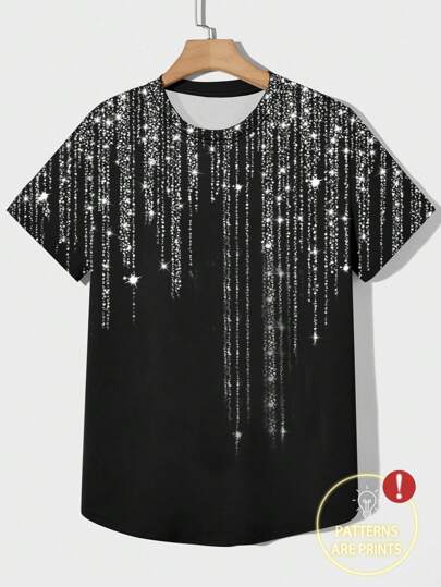Manfinity VCAY Men's Black Short Sleeve Casual Printed T-Shirt, Non-Sequin Design, Summer