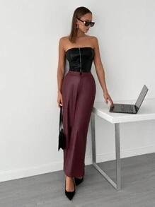 RueChic NEW SEASON COLOR BURGUNDY LEATHER WIDELEG PANTS - Burgundy - View 4