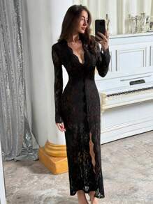 Aloruh 性感黑色深 V 领高开叉长喇叭袖紧身俱乐部连衣裙 - 黑色 - 查看 7