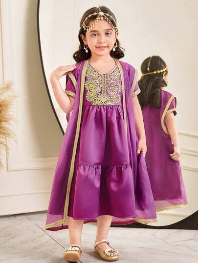 SHEIN 2pcs Set Young Girl Loose Adorable V-Neck, Ribbon Decor Relaxed Fit Dress And Coat