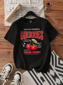 SHEIN EZwear Cherry Pattern Minimalist Fitted Round Neck Short Sleeve Women T-Shirt, Suitable For Summer, Cotton Blend - Black - View 1