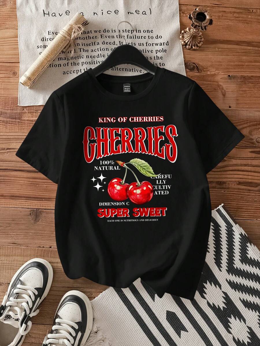 SHEIN EZwear Cherry Pattern Minimalist Fitted Round Neck Short Sleeve Women T-Shirt, Suitable For Summer, Cotton Blend - Black - View 1